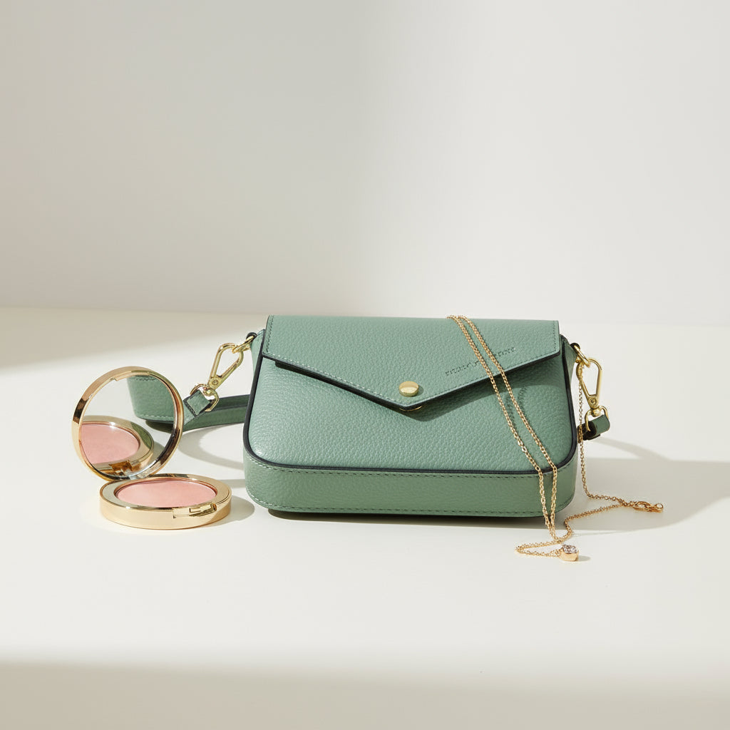 Borzatta Mini – vue de face – mini sac bandoulière cuir pleine fleur vert menthe – chaîne dorée amovible – Lunéa Made in Italy
