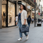 Sac en cuir bleu avec anses rondes, orné d’un médaillon illustrant un cerf stylisé, représentant le modèle Cervus Heritage