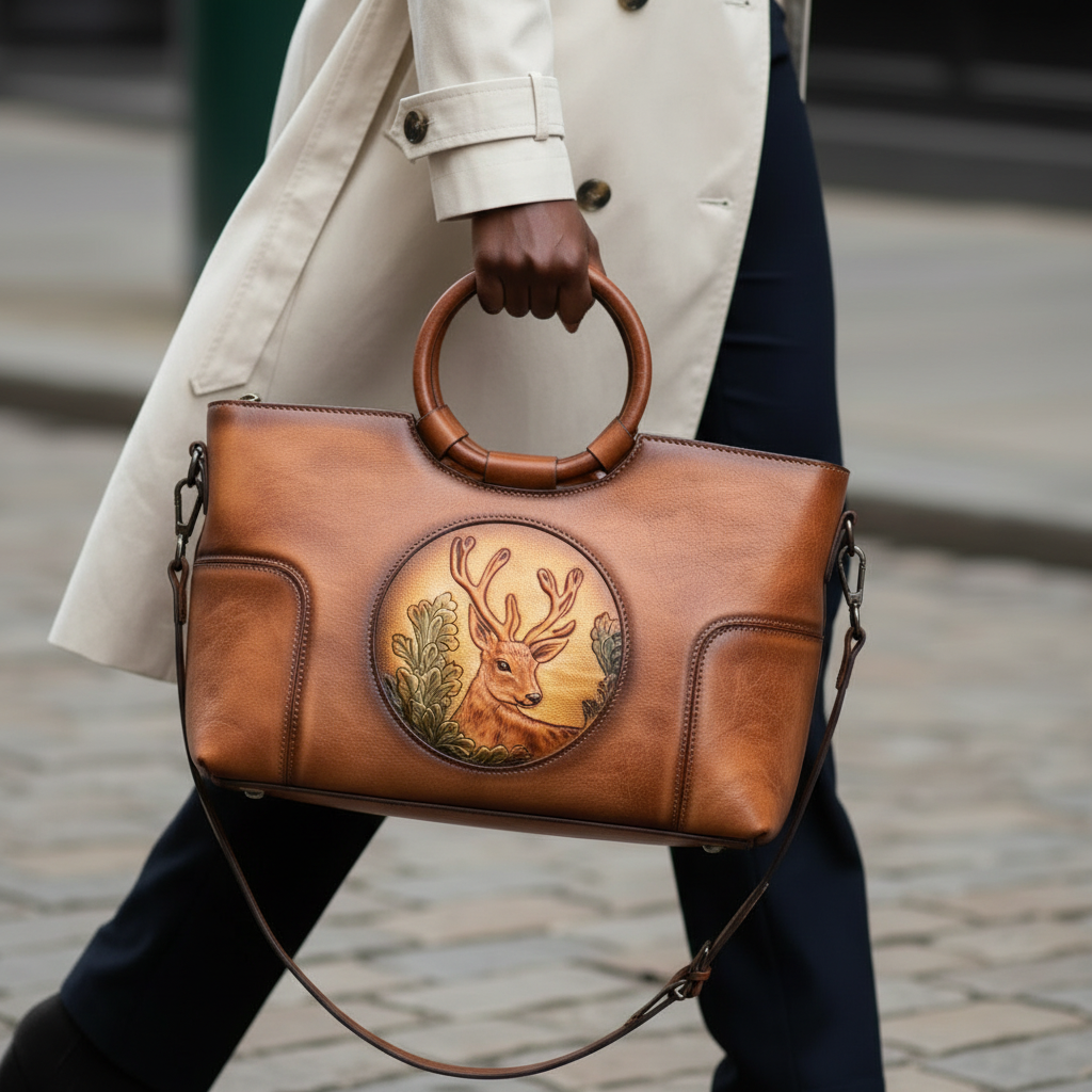 Sac en cuir bleu avec anses rondes, orné d’un médaillon illustrant un cerf stylisé, représentant le modèle Cervus Heritage
