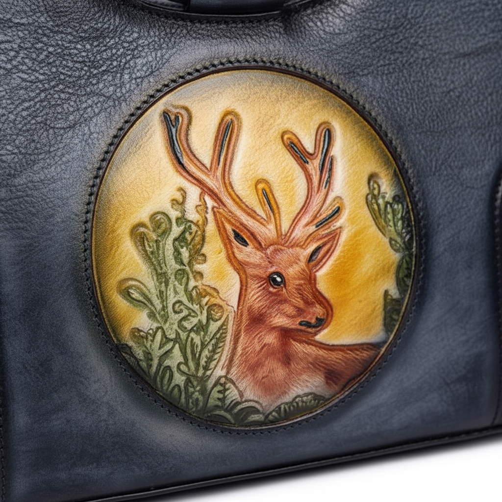 Sac en cuir bleu avec anses rondes, orné d’un médaillon illustrant un cerf stylisé, représentant le modèle Cervus Heritage
