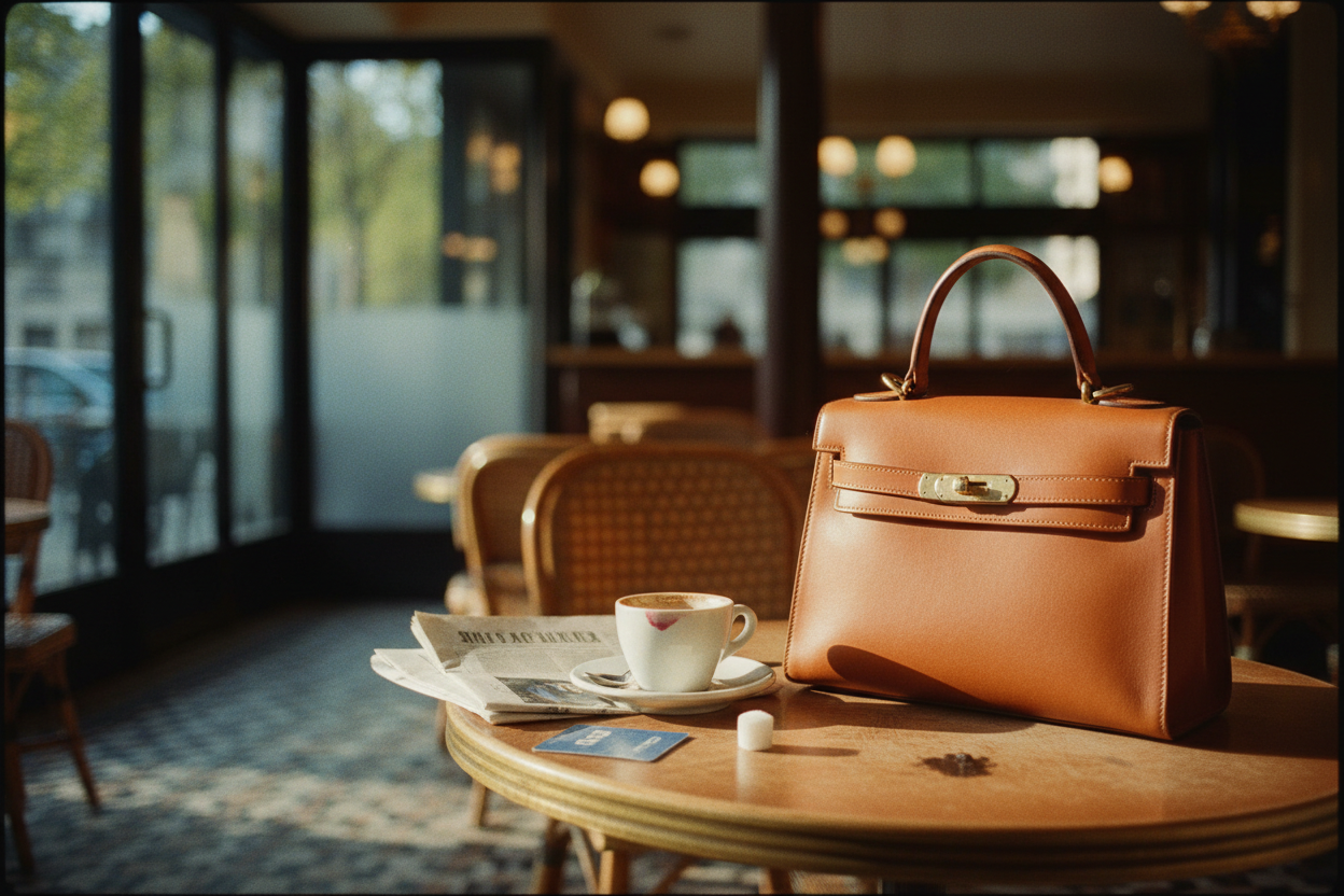 Sac cognac cuir pleine fleur, café parisien, lumière dorée