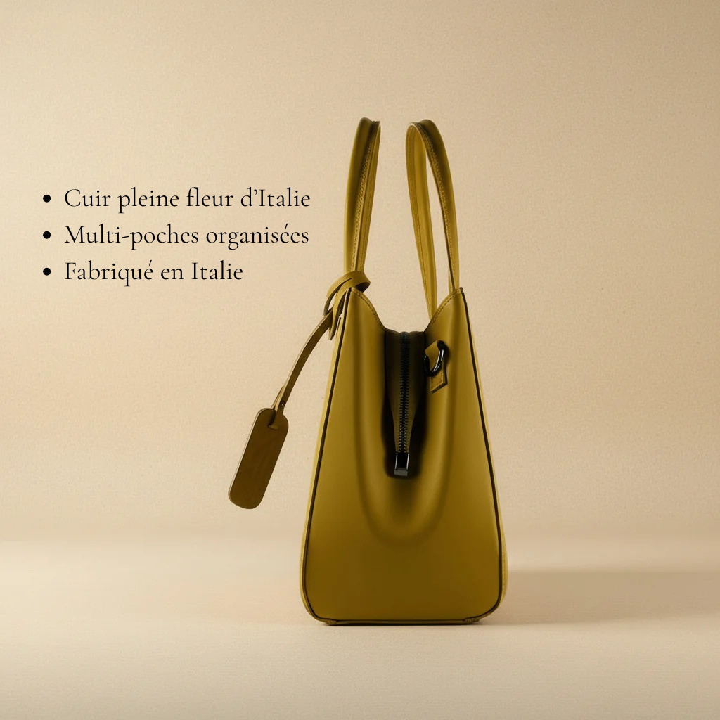 Sac à main en cuir véritable couleur moutarde, avec bandoulière amovible et attaches mousqueton gunmetal, format 33 × 25 × 15 cm avec poignées de 13 cm
