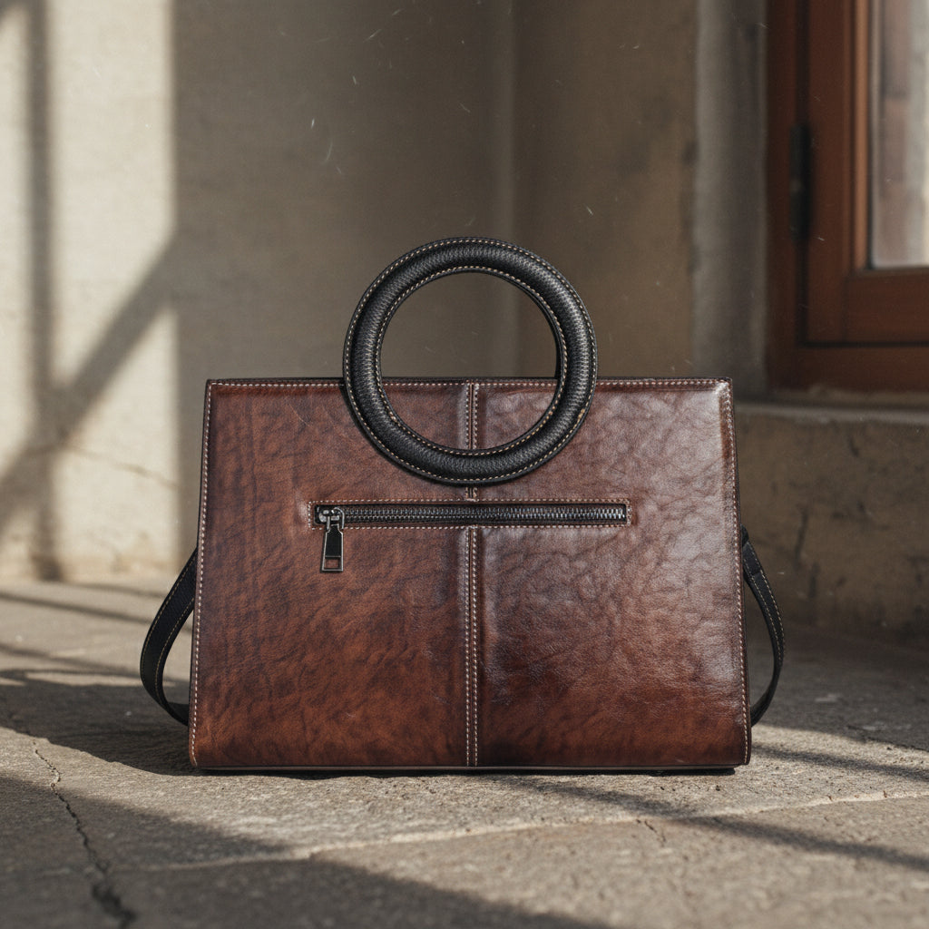  Sac cabas Heritage Vintage en cuir pleine fleur patiné, silhouette souple et structurée, avec finitions métalliques couleur canon de fusil. 