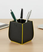 K0032DB | Porta Penne da scrivania in Vera Pelle, pieno fiore, grana dollaro. Colore Blu con bordi Gialli. Dimensioni: cm 8,5 x 8,5 x 12. Confezione: Scatola regalo fondo/coperchio-0