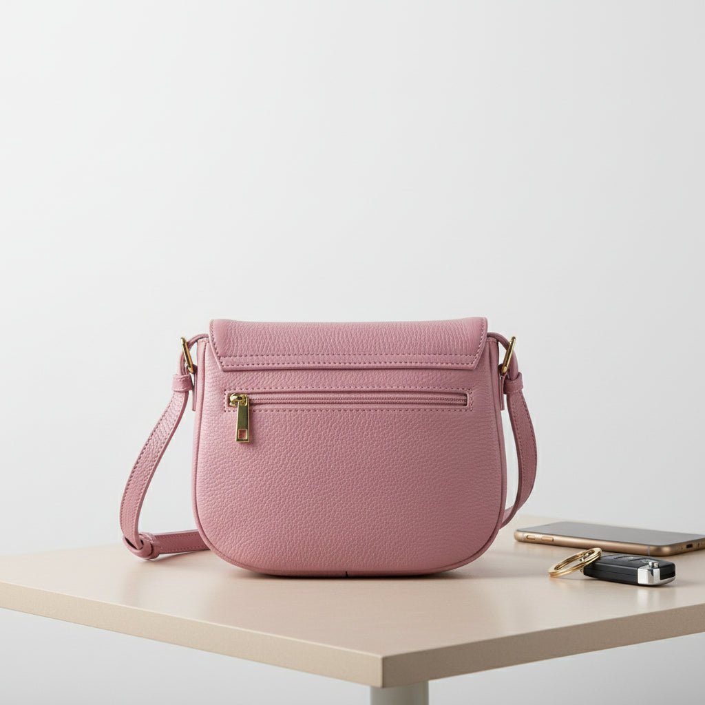RB1002AZ | Made in Italy Genuine Leather Shoulder Bag with Removable Leather Shoulder Strap and Shiny Gold Metal Buckle Attachments - Antique Pink Color - Size: 26 x 20 x 10 cm.-1