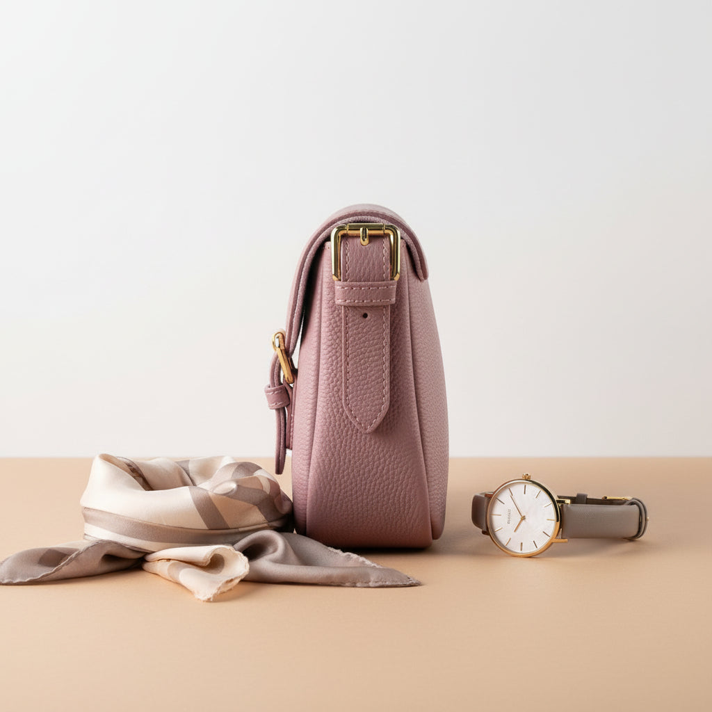 RB1002AZ | Made in Italy Genuine Leather Shoulder Bag with Removable Leather Shoulder Strap and Shiny Gold Metal Buckle Attachments - Antique Pink Color - Size: 26 x 20 x 10 cm.-2