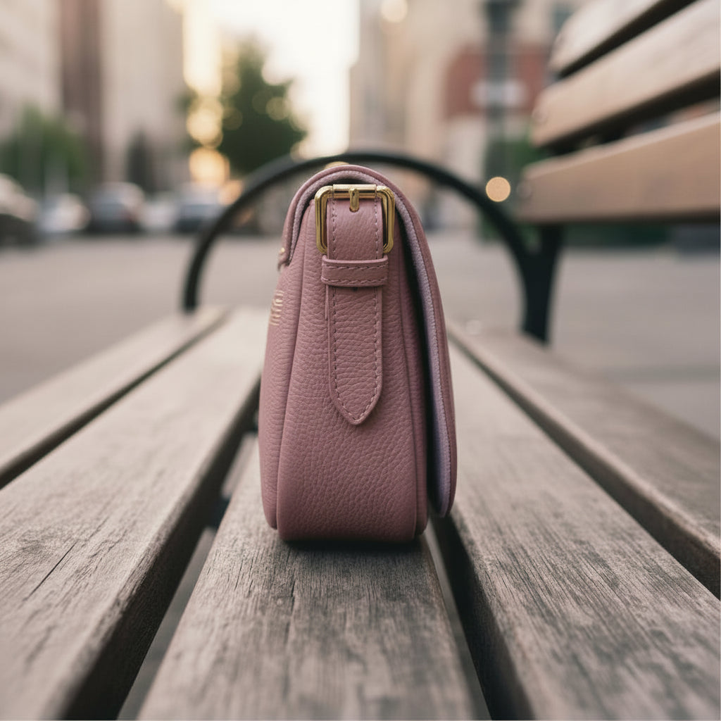 Sac bandoulière en cuir véritable rose antique, avec anse amovible, boucle métallique dorée brillante et format 26 × 20 × 10 cm