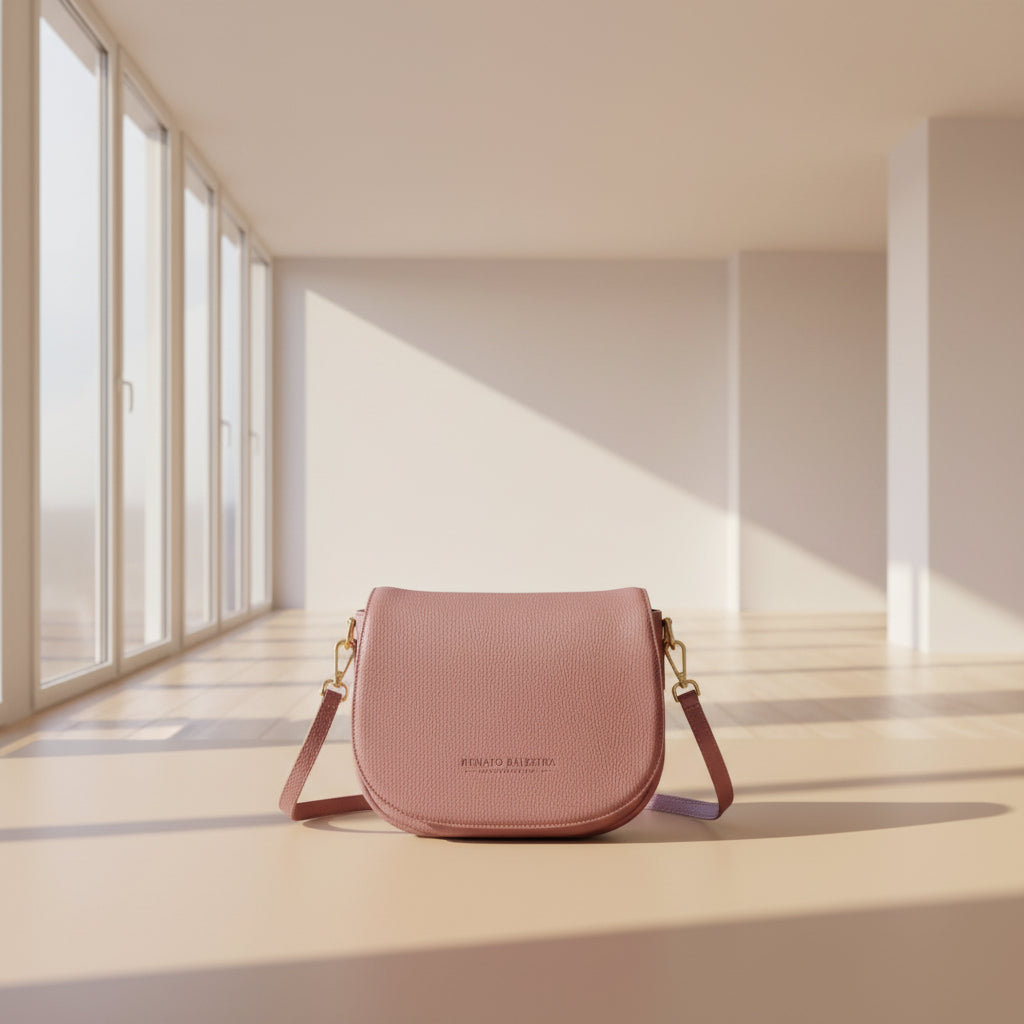 RB1002AZ | Made in Italy Genuine Leather Shoulder Bag with Removable Leather Shoulder Strap and Shiny Gold Metal Buckle Attachments - Antique Pink Color - Size: 26 x 20 x 10 cm.-4