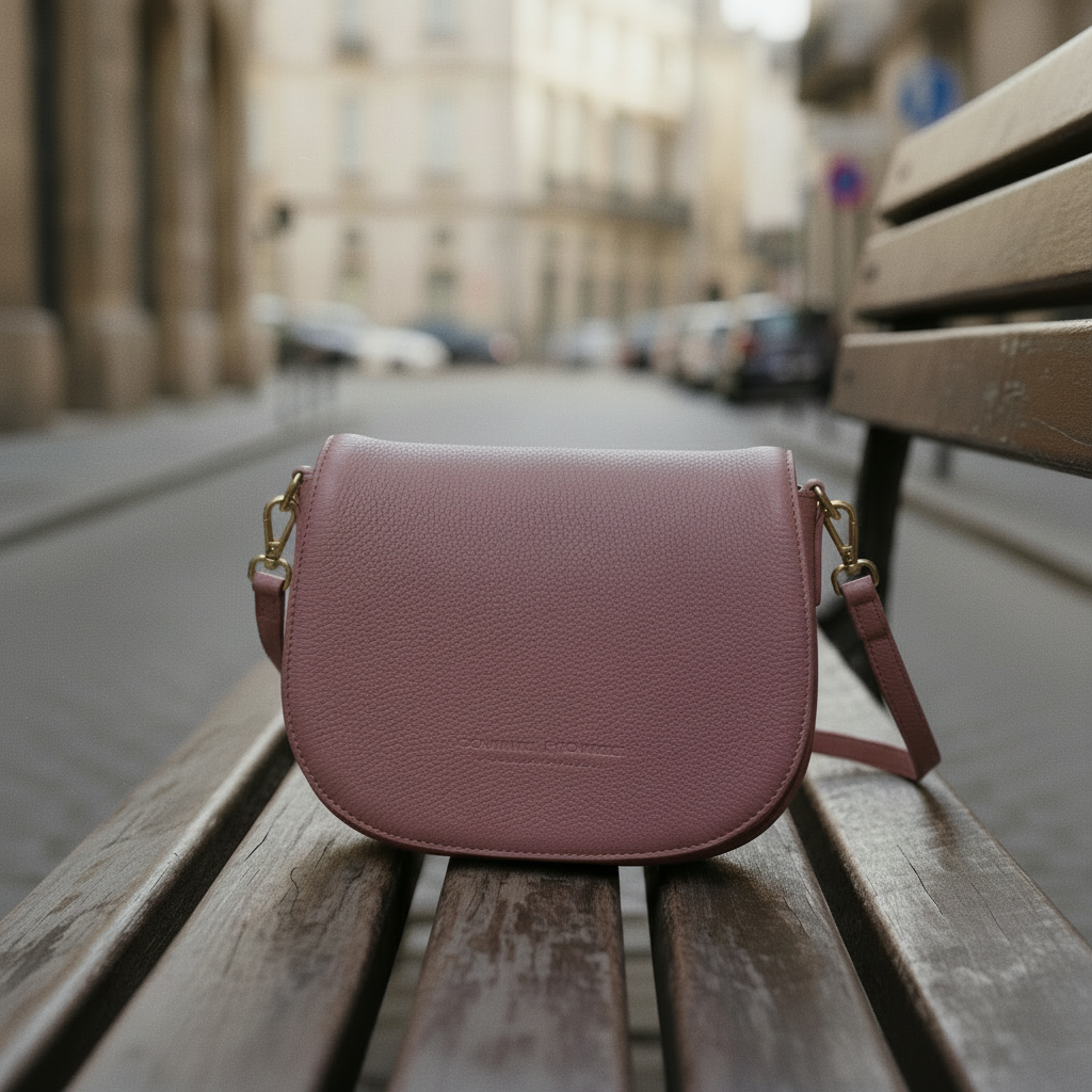 Sac bandoulière en cuir véritable rose antique, avec anse amovible, boucle métallique dorée brillante et format 26 × 20 × 10 cm