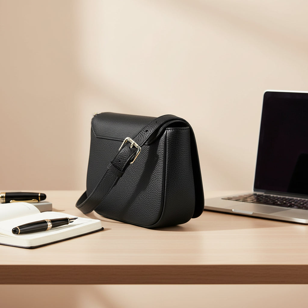 RB1002A | Borsa a Tracolla  in Vera Pelle Made in Italy con Tracolla removibile in pelle e attacchi con fibbie in metallo Oro Lucido - Colore Nero - Dimensioni: cm 26 x 20 x 10-2