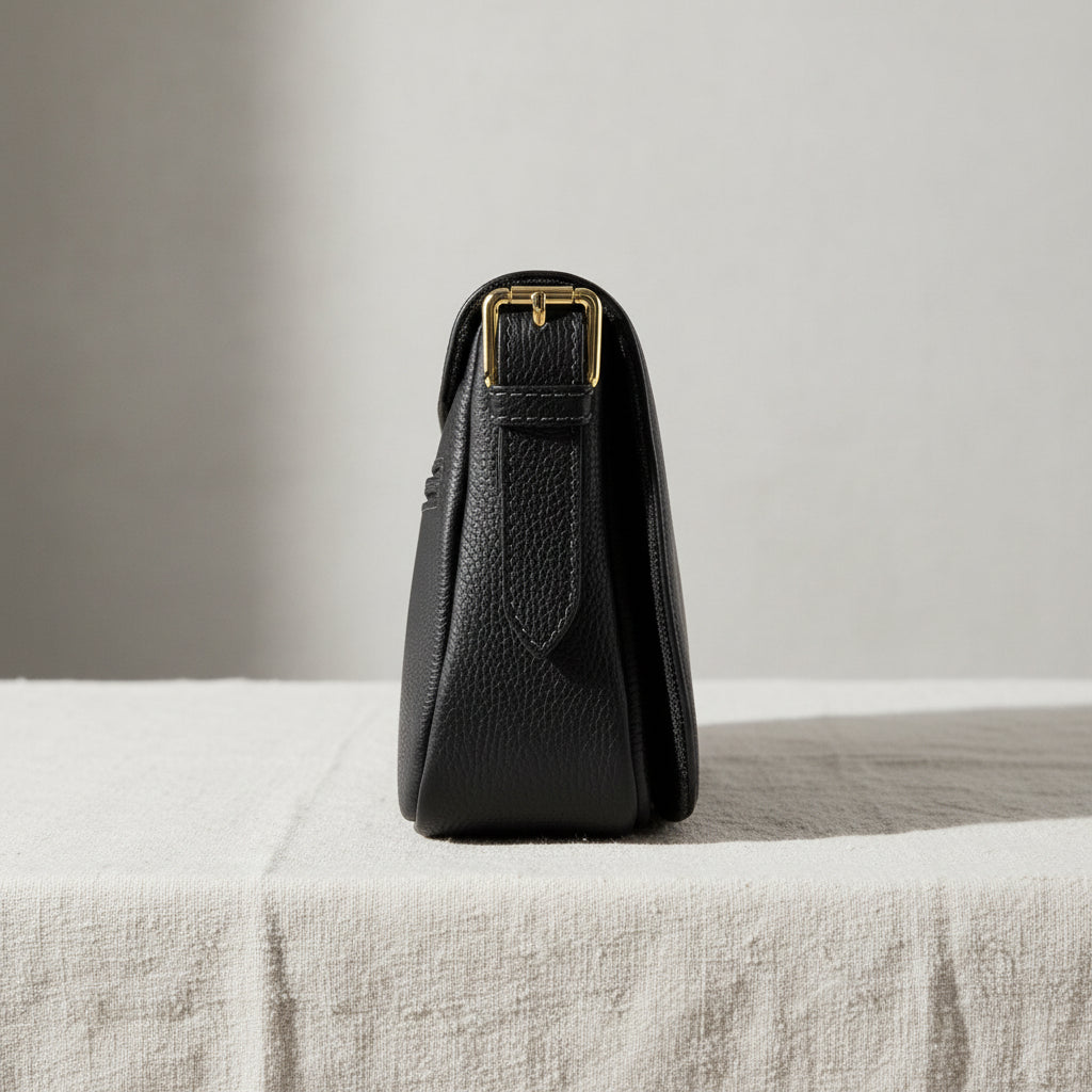 Sac bandoulière en cuir véritable noir, avec anse amovible et attaches à boucles dorées brillantes, format 26 × 20 × 10 cm.