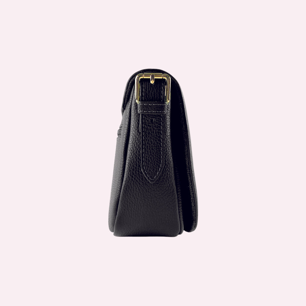 RB1002A | Borsa a Tracolla  in Vera Pelle Made in Italy con Tracolla removibile in pelle e attacchi con fibbie in metallo Oro Lucido - Colore Nero - Dimensioni: cm 26 x 20 x 10-3