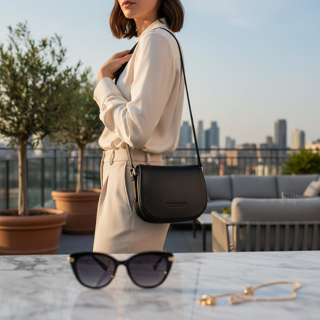 RB1002A | Borsa a Tracolla  in Vera Pelle Made in Italy con Tracolla removibile in pelle e attacchi con fibbie in metallo Oro Lucido - Colore Nero - Dimensioni: cm 26 x 20 x 10-4