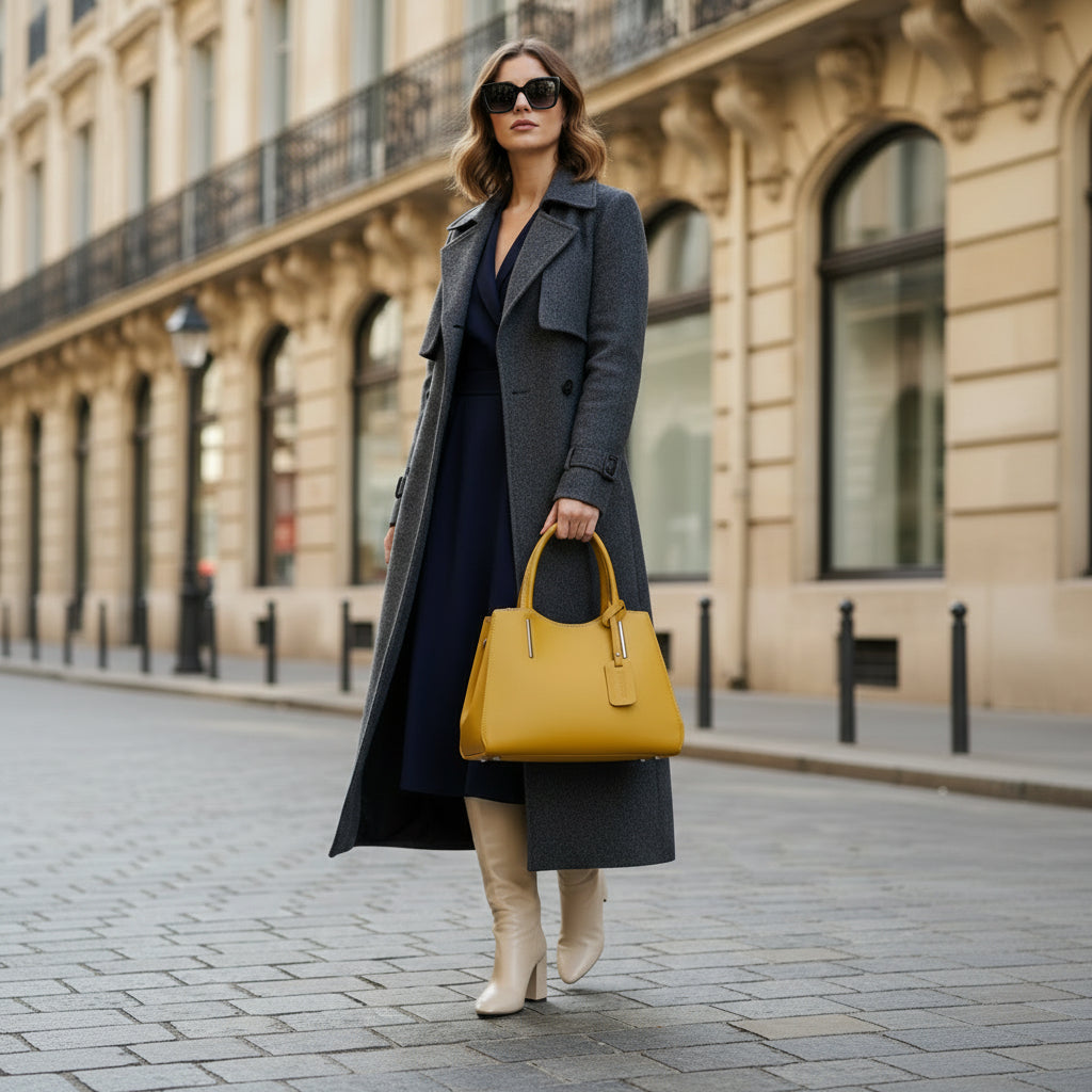 RB1004R | Genuine Leather Hand Bag Made in Italy with Removable Shoulder Strap and Gunmetal Metal Carabiner Attachments - Mustard Color - Size: 33 x 25 x 15 cm + Handles 13 cm-2