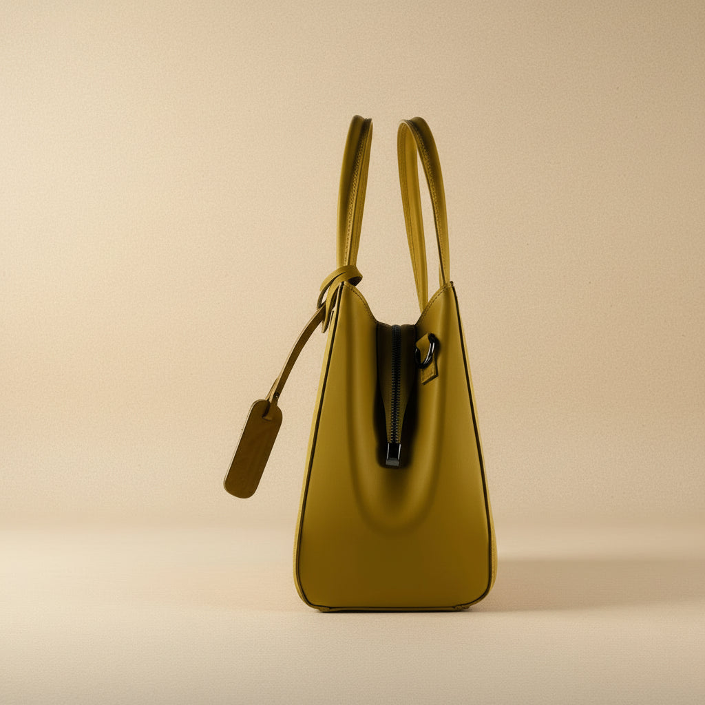 Sac à main en cuir véritable couleur moutarde, avec bandoulière amovible et attaches mousqueton gunmetal, format 33 × 25 × 15 cm avec poignées de 13 cm