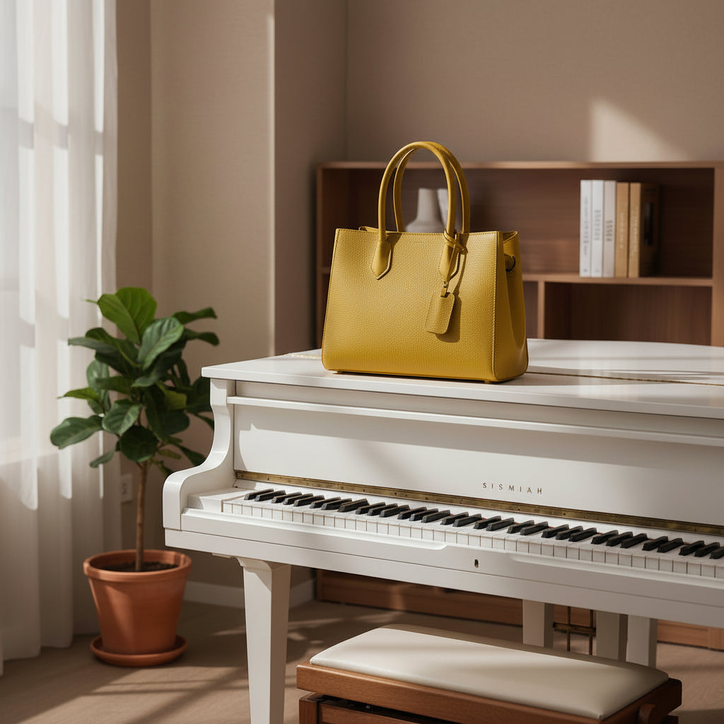 Sac à main en cuir véritable couleur moutarde, avec bandoulière amovible et attaches mousqueton gunmetal, format 33 × 25 × 15 cm avec poignées de 13 cm