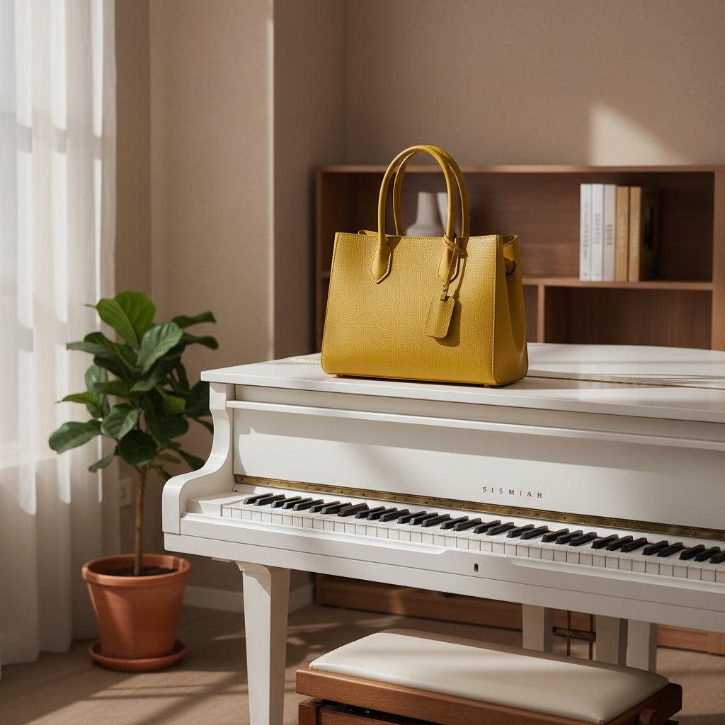 RB1004R | Genuine Leather Hand Bag Made in Italy with Removable Shoulder Strap and Gunmetal Metal Carabiner Attachments - Mustard Color - Size: 33 x 25 x 15 cm + Handles 13 cm-4