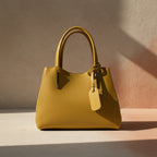 Sac à main en cuir véritable couleur moutarde, avec bandoulière amovible et attaches mousqueton gunmetal, format 33 × 25 × 15 cm avec poignées de 13 cm