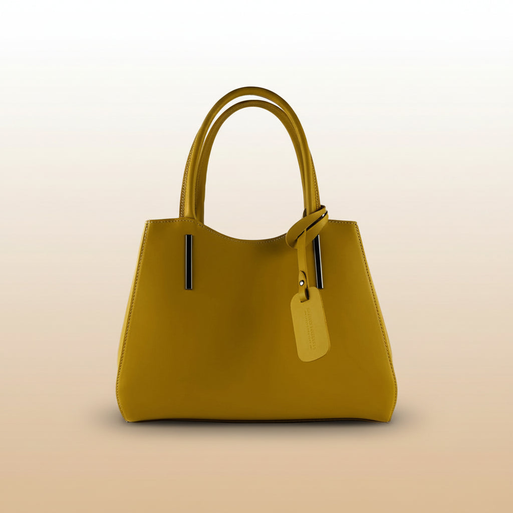 RB1004R | Genuine Leather Hand Bag Made in Italy with Removable Shoulder Strap and Gunmetal Metal Carabiner Attachments - Mustard Color - Size: 33 x 25 x 15 cm + Handles 13 cm-0