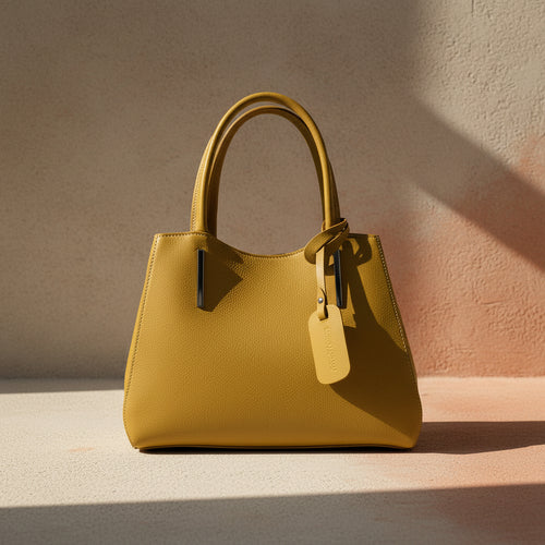 Sac à main en cuir véritable couleur moutarde, avec bandoulière amovible et attaches mousqueton gunmetal, format 33 × 25 × 15 cm avec poignées de 13 cm