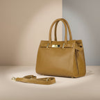 RB1016S | Borsa Donna a Mano in Vera Pelle Made in Italy con tracolla removibile. Attacchi con moschettoni in metallo Oro Lucido - Colore Cognac - Dimensioni: cm 28 x 20 x 14 + 12,5-0