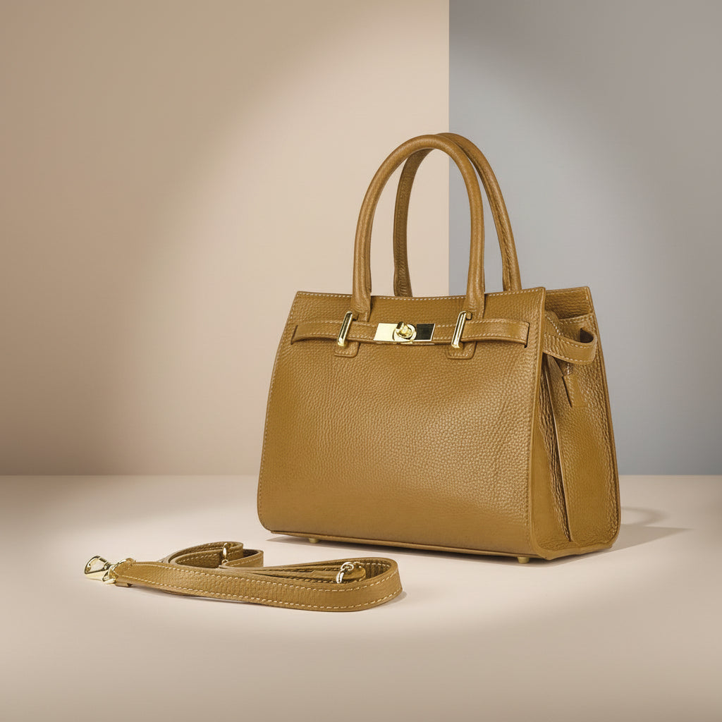 RB1016S | Borsa Donna a Mano in Vera Pelle Made in Italy con tracolla removibile. Attacchi con moschettoni in metallo Oro Lucido - Colore Cognac - Dimensioni: cm 28 x 20 x 14 + 12,5-0