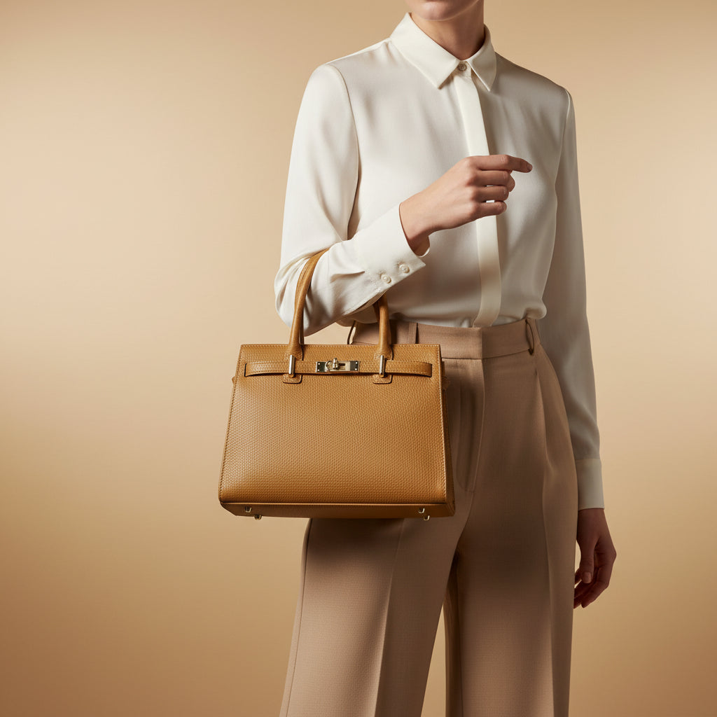 RB1016S | Borsa Donna a Mano in Vera Pelle Made in Italy con tracolla removibile. Attacchi con moschettoni in metallo Oro Lucido - Colore Cognac - Dimensioni: cm 28 x 20 x 14 + 12,5-2