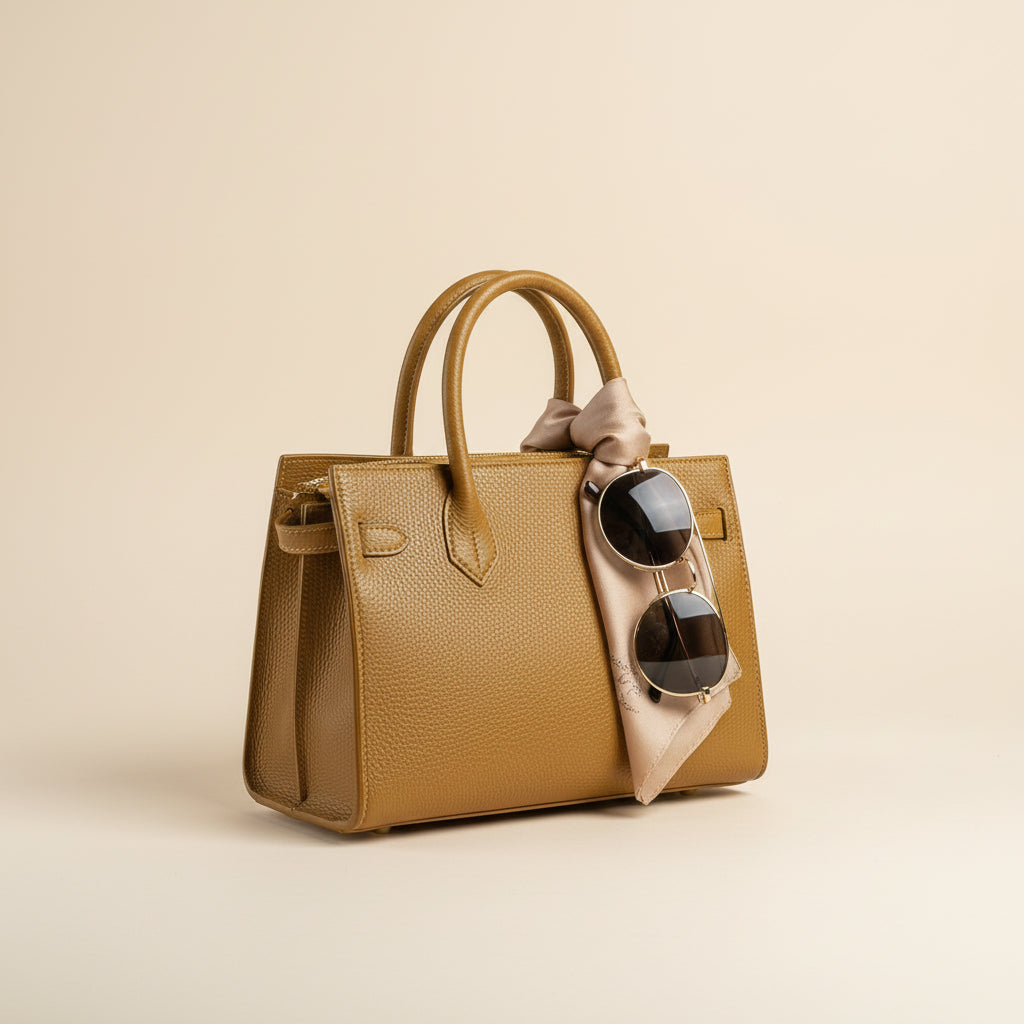 RB1016S | Borsa Donna a Mano in Vera Pelle Made in Italy con tracolla removibile. Attacchi con moschettoni in metallo Oro Lucido - Colore Cognac - Dimensioni: cm 28 x 20 x 14 + 12,5-4