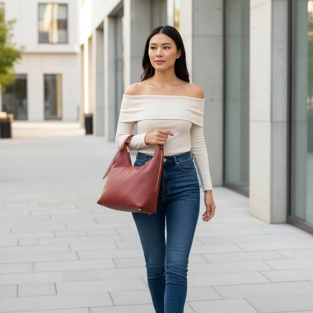 RB1017Q | Borsa Donna a spalla Morbida in Vera Pelle Made in Italy con tracolla removibile. Attacchi con moschettoni in metallo Oro Lucido - Colore Rubino - Dimensioni: cm 36 x 40 x 13-0