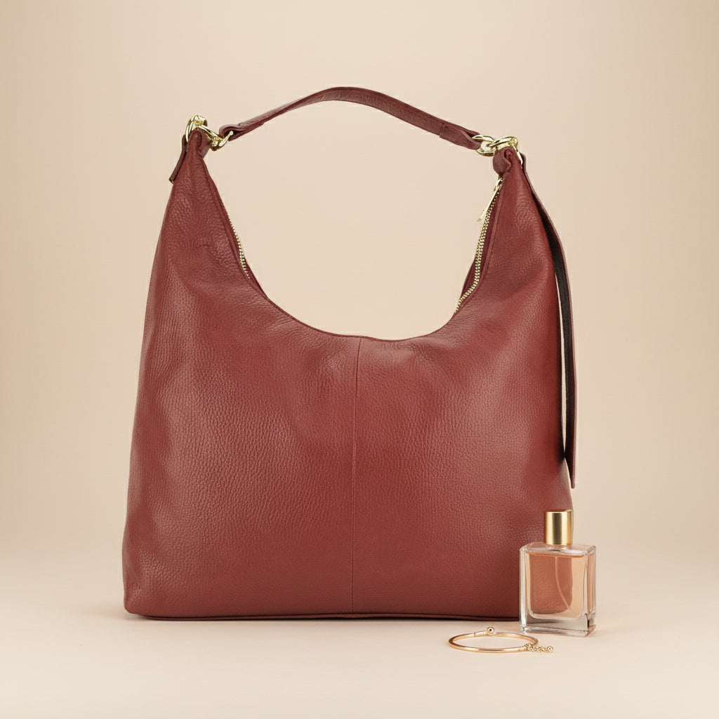 RB1017Q | Borsa Donna a spalla Morbida in Vera Pelle Made in Italy con tracolla removibile. Attacchi con moschettoni in metallo Oro Lucido - Colore Rubino - Dimensioni: cm 36 x 40 x 13-2