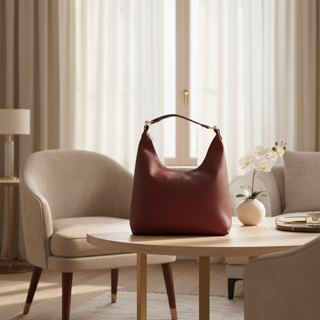 RB1017Q | Borsa Donna a spalla Morbida in Vera Pelle Made in Italy con tracolla removibile. Attacchi con moschettoni in metallo Oro Lucido - Colore Rubino - Dimensioni: cm 36 x 40 x 13-4