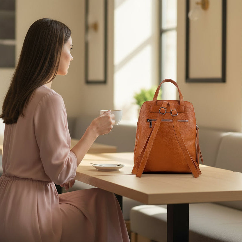 RB1018AM | Zaino Donna Doppio scomparto in Vera Pelle Made in Italy con spallacci regolabili. Accessori in metallo Canna di Fucile - Colore Paprika - Dimensioni: cm 26 x 30 x 14,5-4