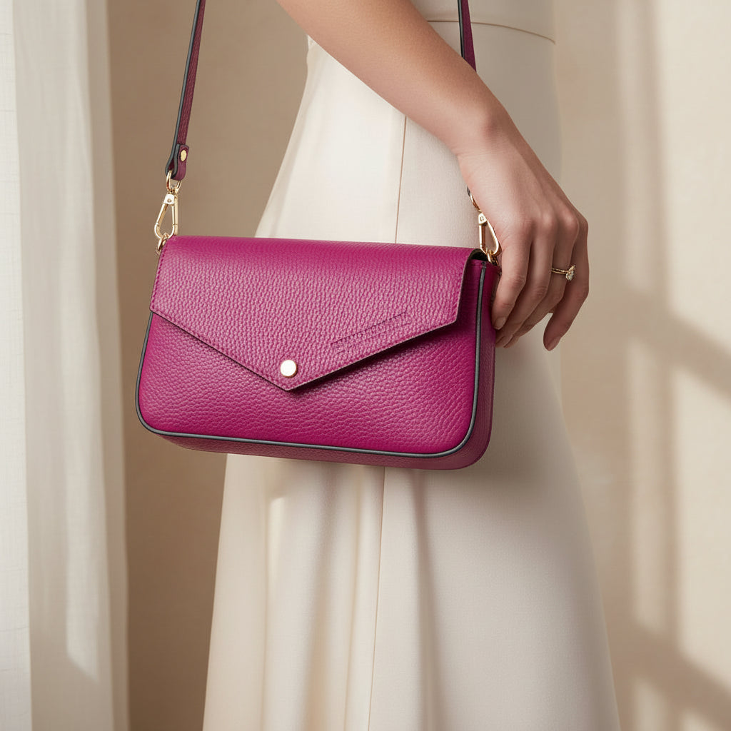 Mini sac bandoulière Renato Borzatta en cuir véritable fuchsia, avec finitions dorées, rabat magnétique, poche intérieure et bandoulière interchangeable cuir ou chaîne dorée