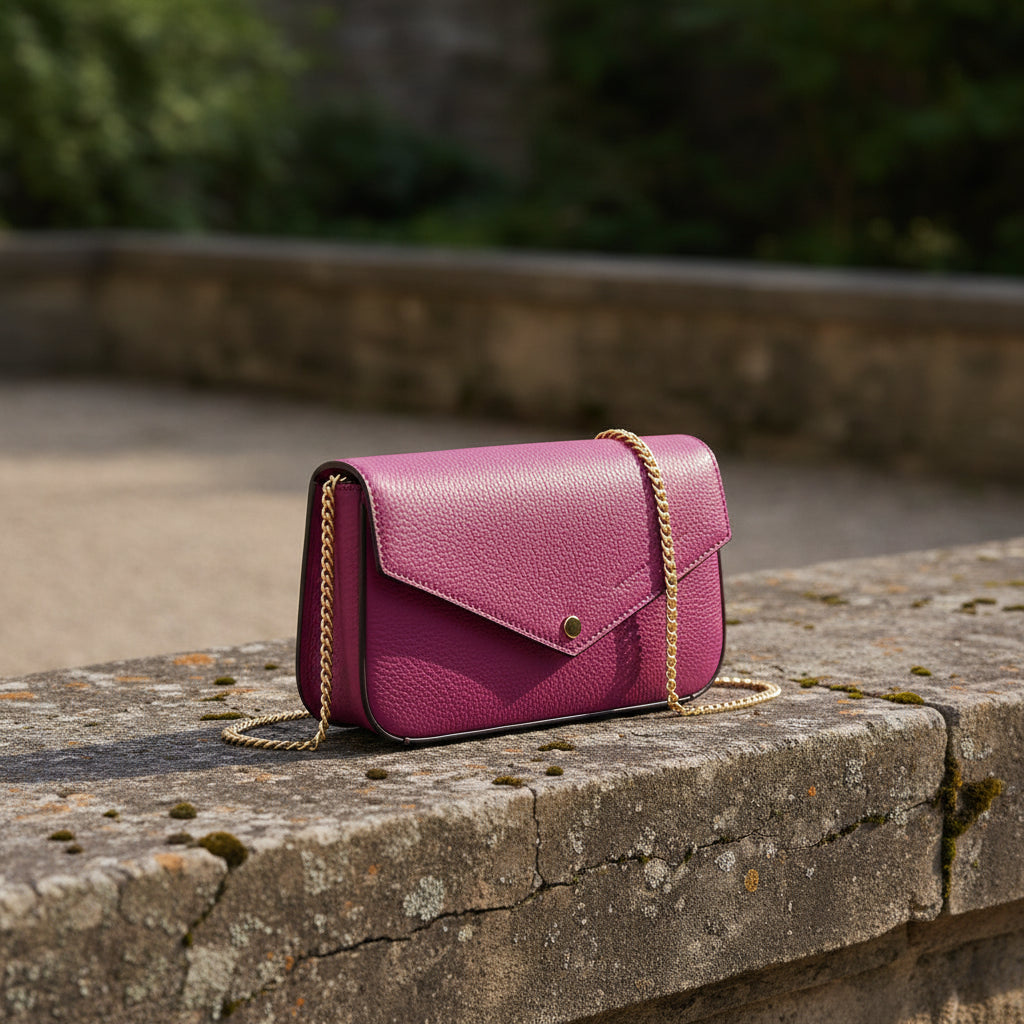 Mini sac bandoulière Renato Borzatta en cuir véritable fuchsia, avec finitions dorées, rabat magnétique, poche intérieure et bandoulière interchangeable cuir ou chaîne dorée