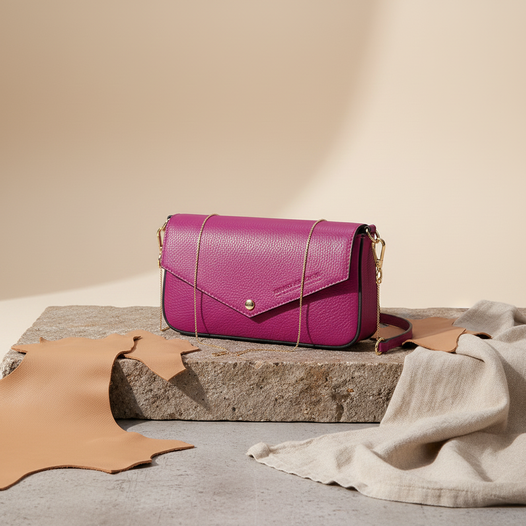 Mini sac bandoulière Renato Borzatta en cuir véritable fuchsia, avec finitions dorées, rabat magnétique, poche intérieure et bandoulière interchangeable cuir ou chaîne dorée