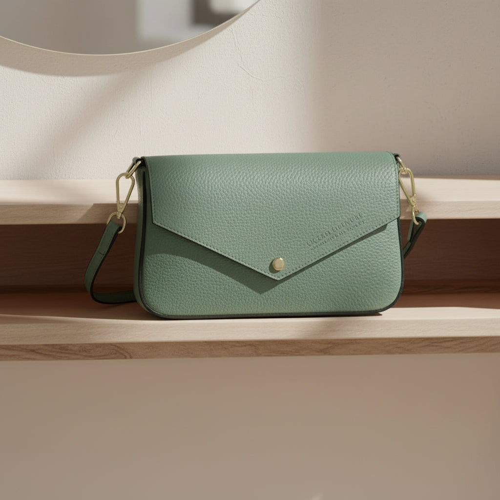Borzatta Mini – vue profil – silhouette enveloppe cuir menthe – rabat magnétique fermeture – artisanat Italien