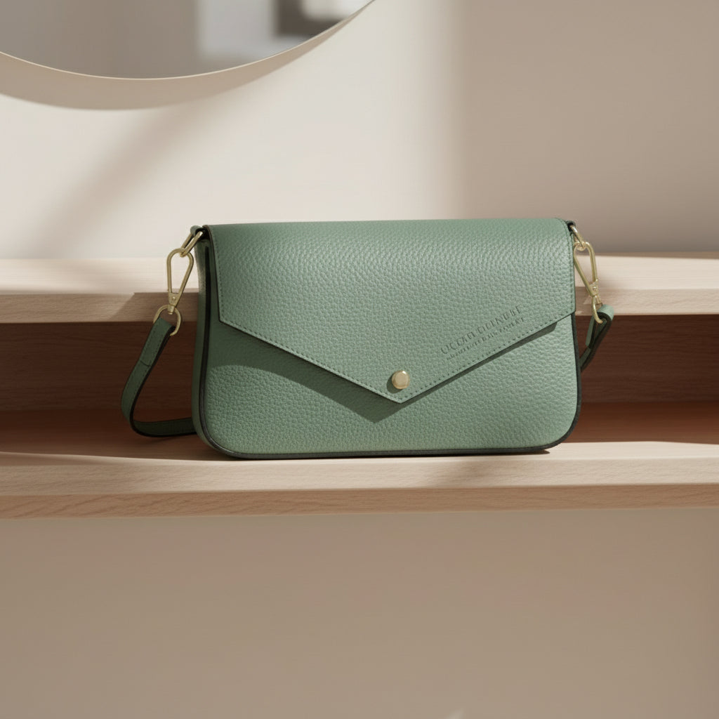 RB1023BF | Small Shoulder Bag with Removable Chain Strap in Genuine Leather Made in Italy. Flap Closure. Shiny Gold metal hardware - Mint color - Dimensions: 22 x 12 x 3 cm.-0