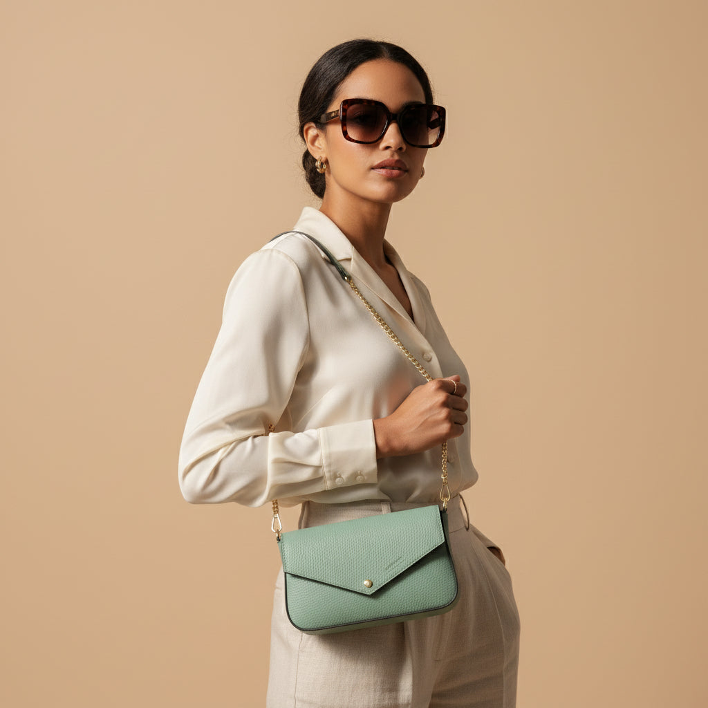 RB1023BF | Small Shoulder Bag with Removable Chain Strap in Genuine Leather Made in Italy. Flap Closure. Shiny Gold metal hardware - Mint color - Dimensions: 22 x 12 x 3 cm.-2