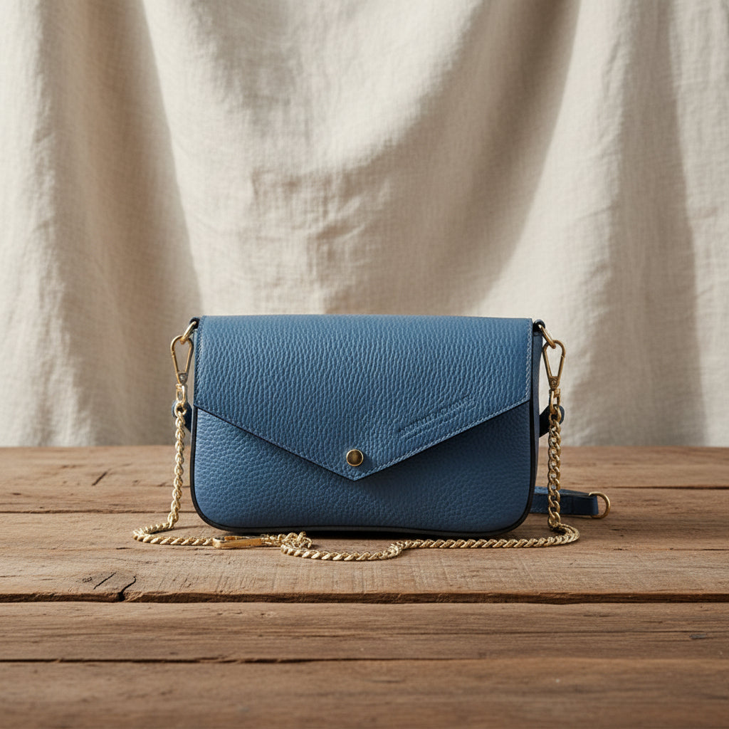 Mini sac à bandoulière en cuir pleine fleur fabriqué en Italie, avec chaîne amovible dorée, rabat magnétique et intérieur doublé avec poche plate.