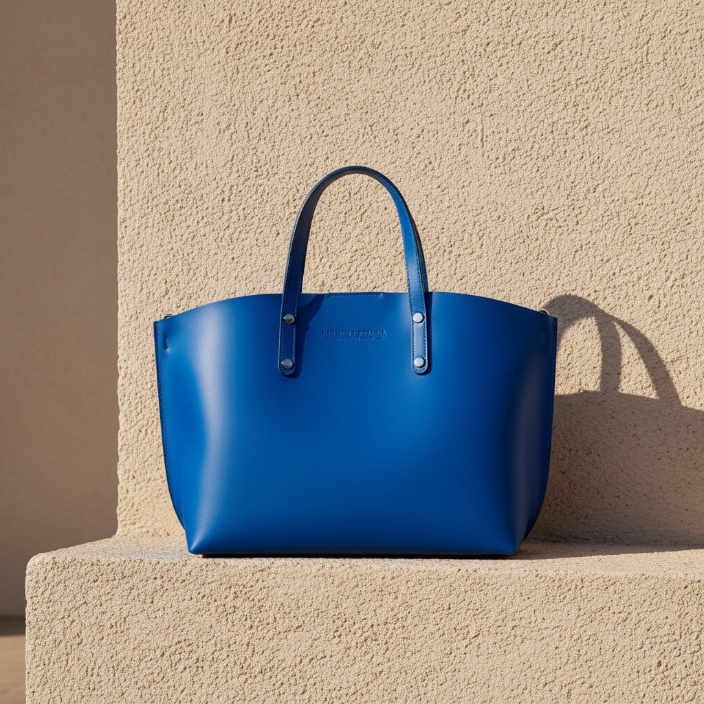 RB1024CH  | Borsa Donna a Mano in Vera Pelle Made in Italy con tracolla removibile. Sacca grande interna estraibile. Accessori Canna di Fucile Lucido - Colore Blu Royal - Dimensioni: cm 48x31x11-1