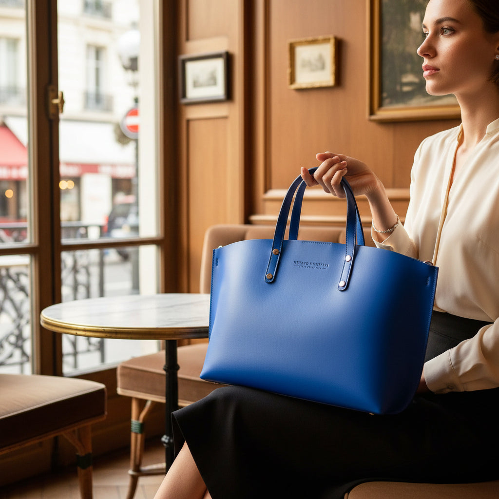 RB1024CH  | Borsa Donna a Mano in Vera Pelle Made in Italy con tracolla removibile. Sacca grande interna estraibile. Accessori Canna di Fucile Lucido - Colore Blu Royal - Dimensioni: cm 48x31x11-2