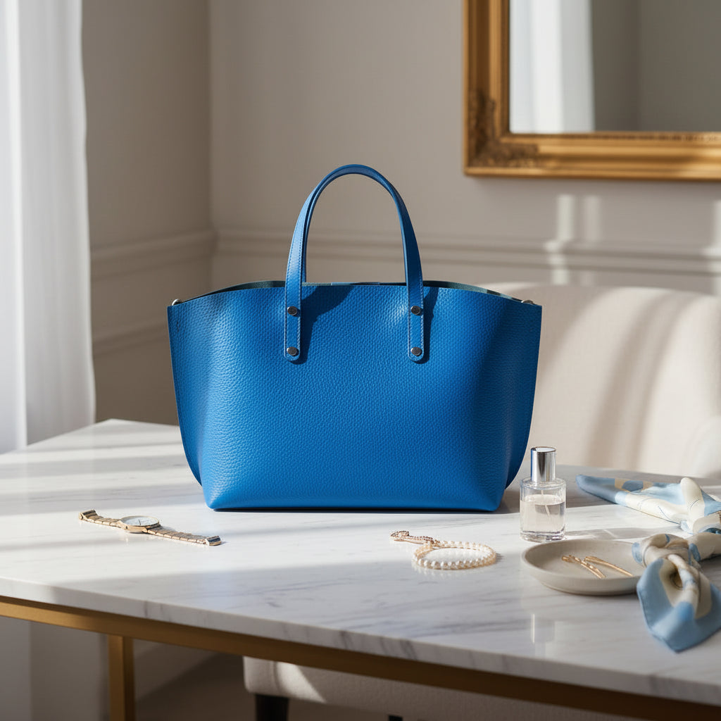 Grand sac à main en cuir véritable bleu royal, avec bandoulière amovible, pochette interne extractible et finitions canon de fusil brillantes, format 48 × 31 × 11 cm. 