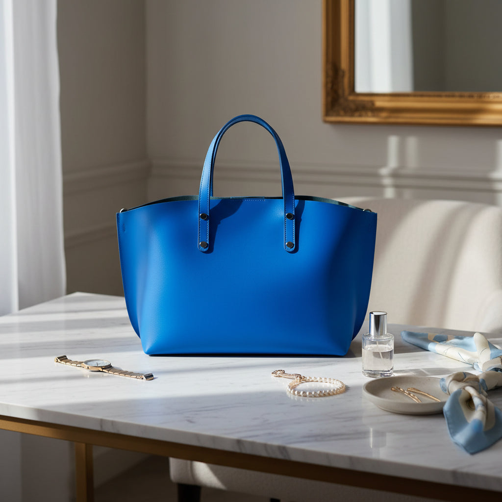 RB1024CH  | Borsa Donna a Mano in Vera Pelle Made in Italy con tracolla removibile. Sacca grande interna estraibile. Accessori Canna di Fucile Lucido - Colore Blu Royal - Dimensioni: cm 48x31x11-4