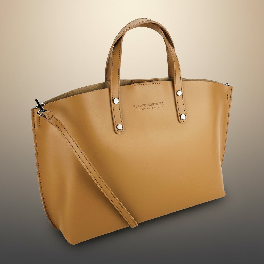RB1024S  | Borsa Donna a Mano in Vera Pelle Made in Italy con tracolla removibile. Sacca grande interna estraibile. Accessori Canna di Fucile Lucido - Colore Cognac - Dimensioni: cm 48x31x11-0