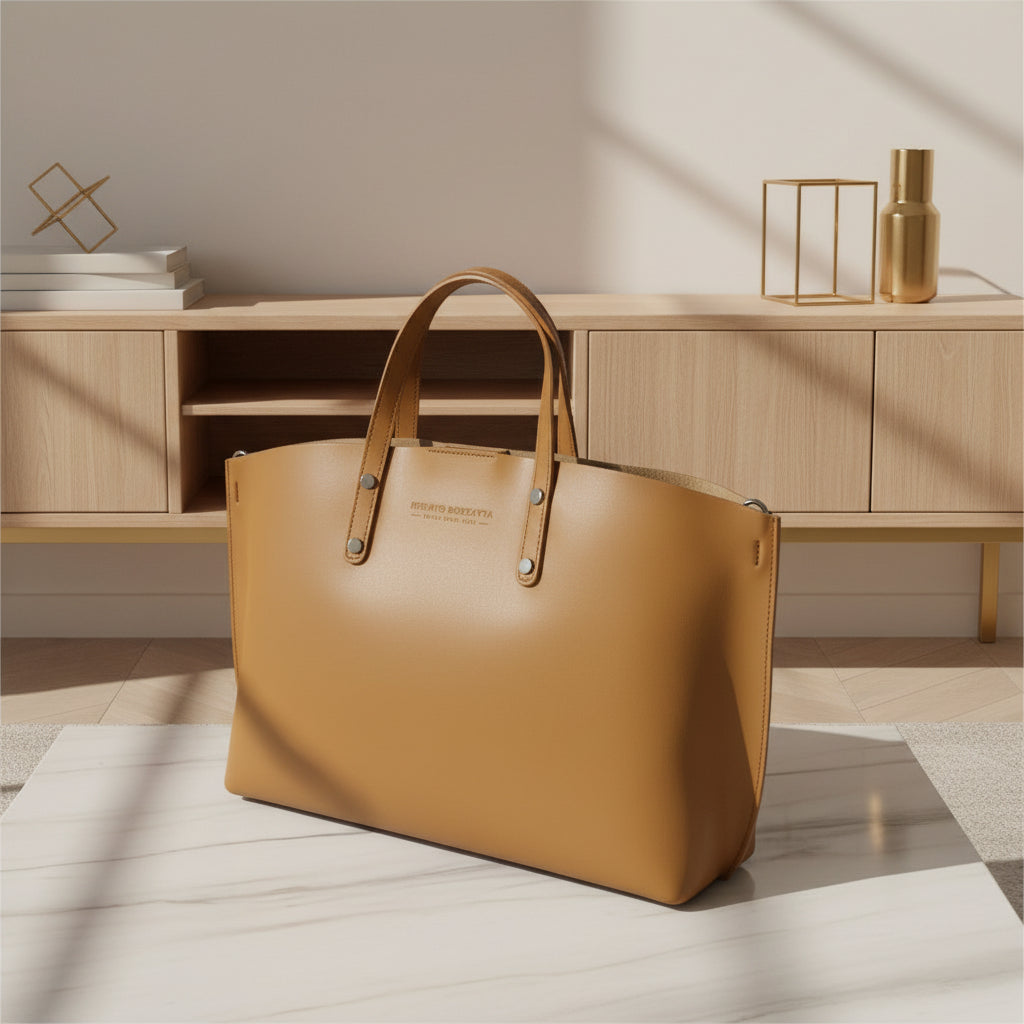 RB1024S  | Borsa Donna a Mano in Vera Pelle Made in Italy con tracolla removibile. Sacca grande interna estraibile. Accessori Canna di Fucile Lucido - Colore Cognac - Dimensioni: cm 48x31x11-2