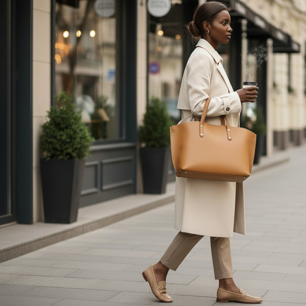 RB1024S  | Borsa Donna a Mano in Vera Pelle Made in Italy con tracolla removibile. Sacca grande interna estraibile. Accessori Canna di Fucile Lucido - Colore Cognac - Dimensioni: cm 48x31x11-4