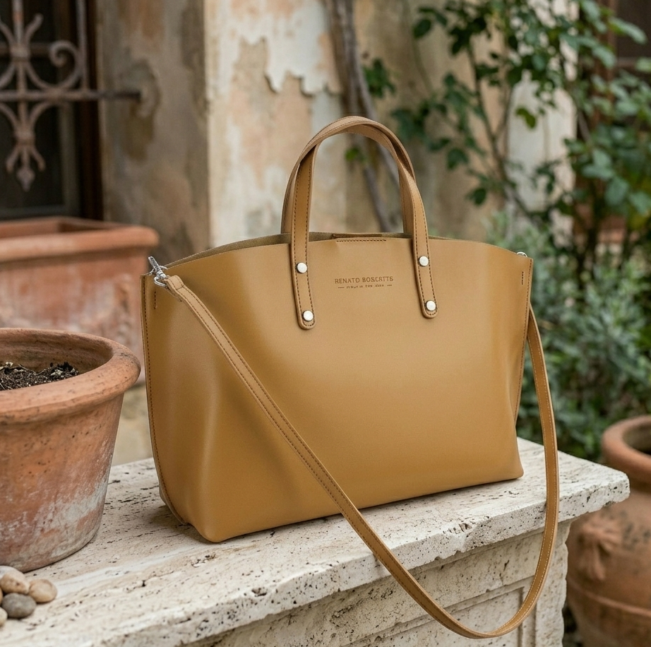 Renata Grand Cabas – détail quincaillerie canon de fusil – double poignées cuir – sac cabas cuir cognac artisanal