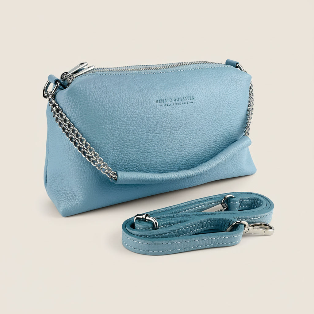 RB1025CL  | Borsa Donna a Mano con doppia lampo in Vera Pelle Made in Italy. Tracolla in pelle regolabile. Accessori Nickel Lucido - Colore Celeste - Dimensioni: cm 26 x 14 x 9-0