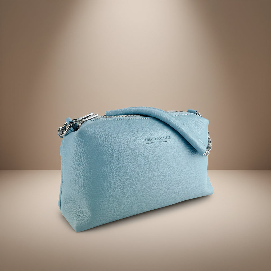 RB1025CL  | Borsa Donna a Mano con doppia lampo in Vera Pelle Made in Italy. Tracolla in pelle regolabile. Accessori Nickel Lucido - Colore Celeste - Dimensioni: cm 26 x 14 x 9-1