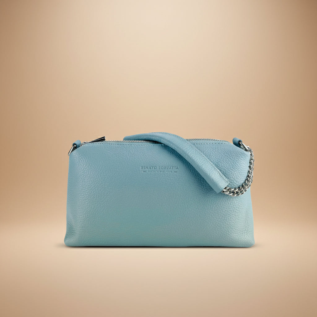 RB1025CL  | Borsa Donna a Mano con doppia lampo in Vera Pelle Made in Italy. Tracolla in pelle regolabile. Accessori Nickel Lucido - Colore Celeste - Dimensioni: cm 26 x 14 x 9-3